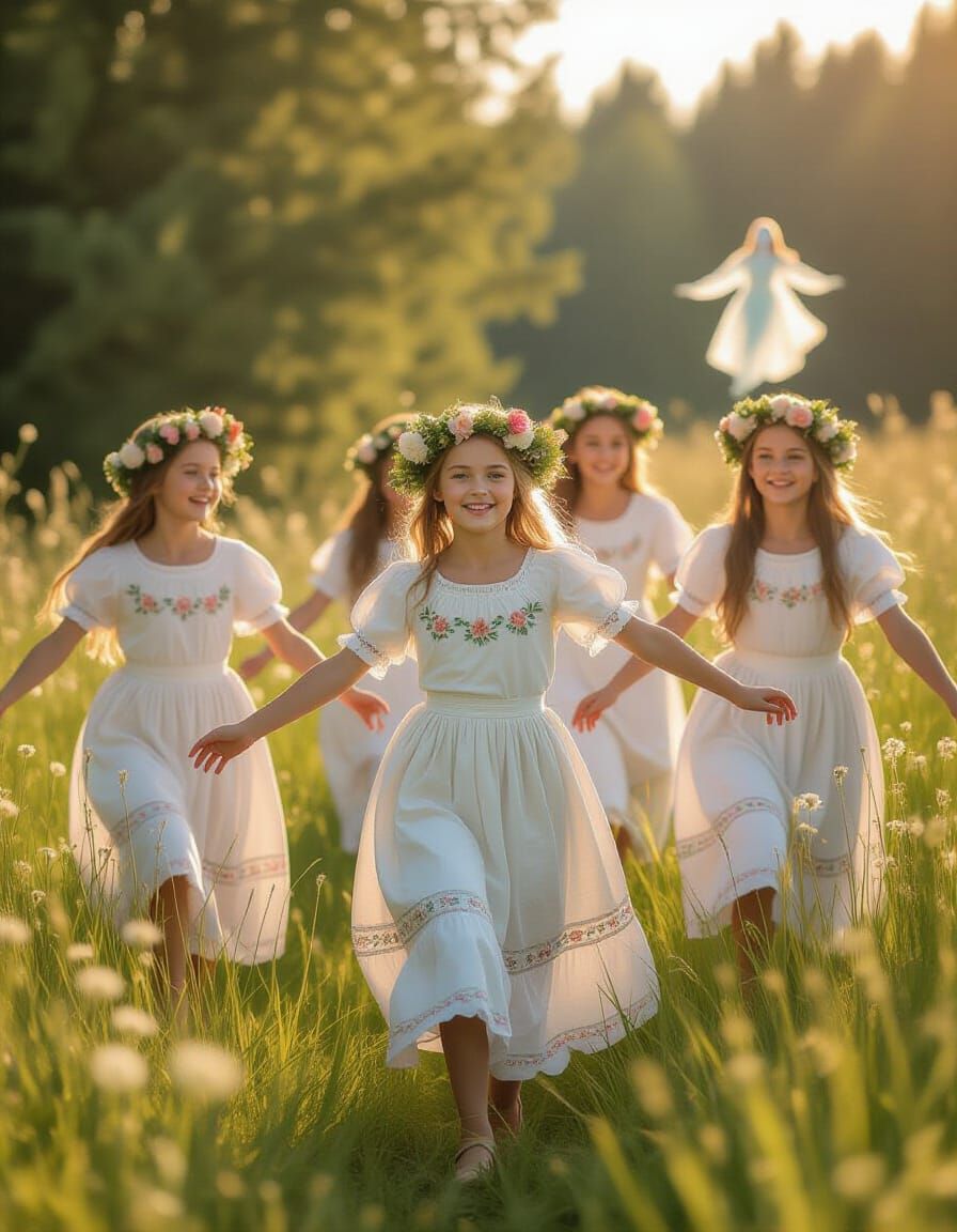 Girls Celebrate Rusalny Week Dancing in Blooming Meadow