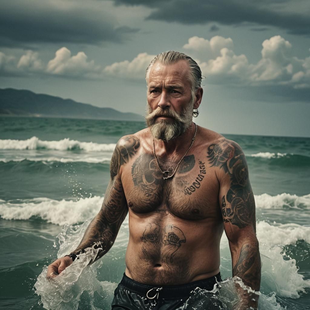 Tattooed Man with Cigar in Ocean, Cinematic Style