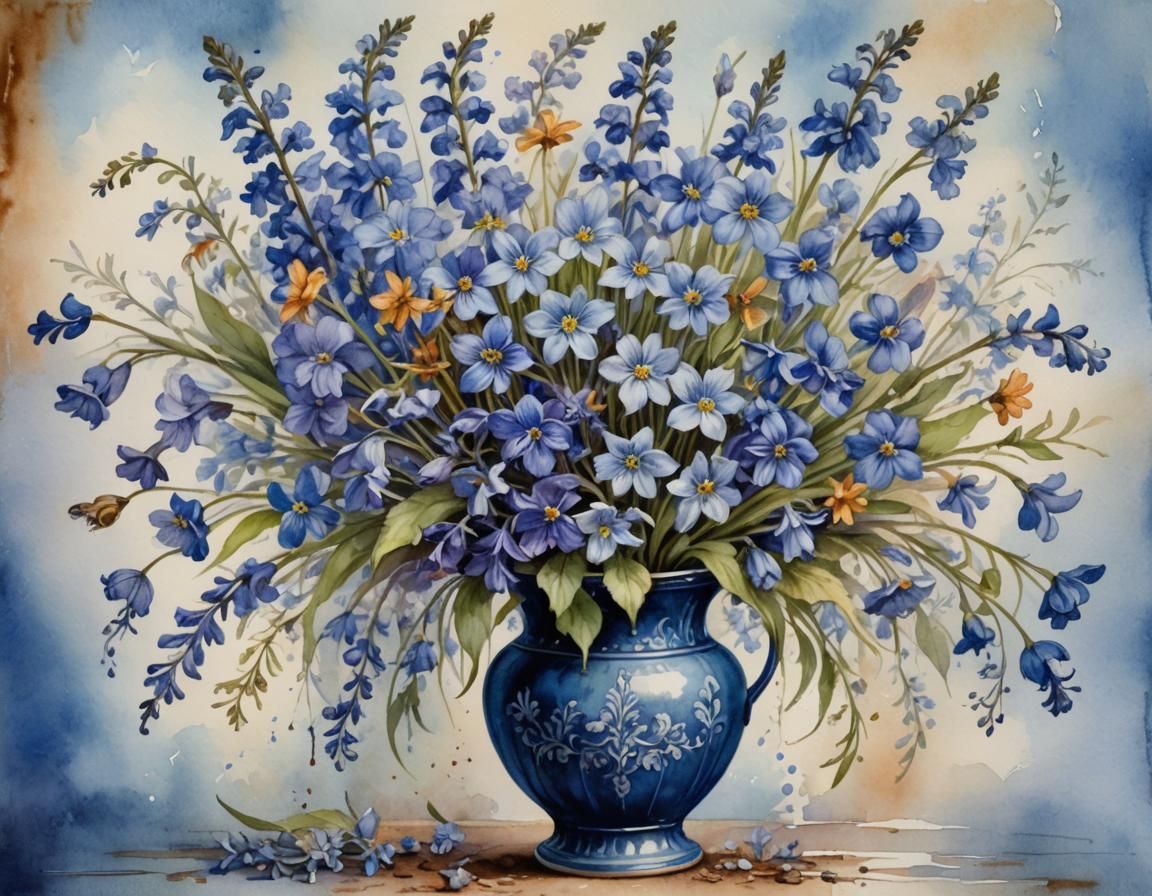 Blue Wildflower Bouquet in Watercolour Vintage Vase