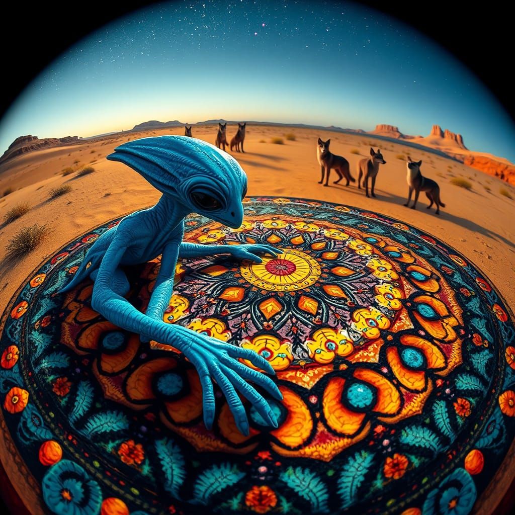 Blue Avian Alien on Desert Mandala, Fisheye View