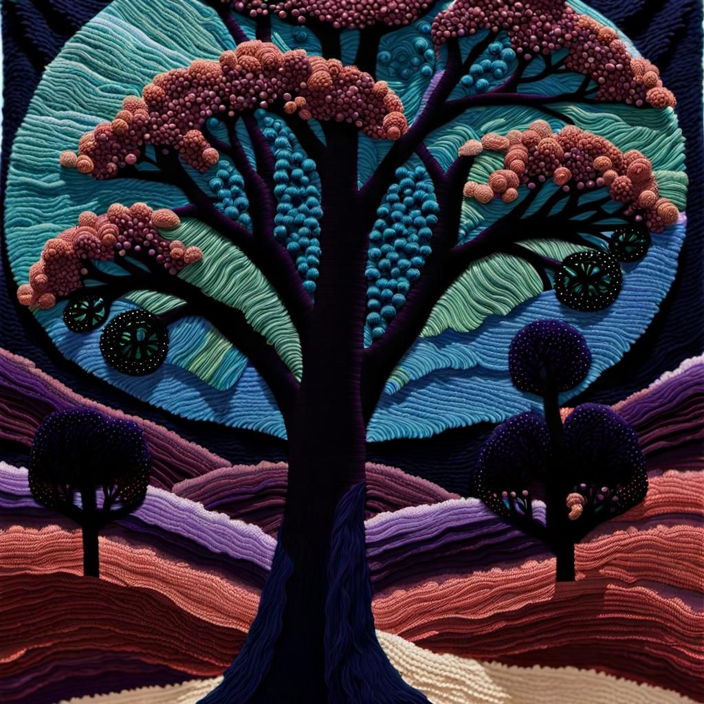 Twilight Garden Magic Trees as Fiber Art Tapestry