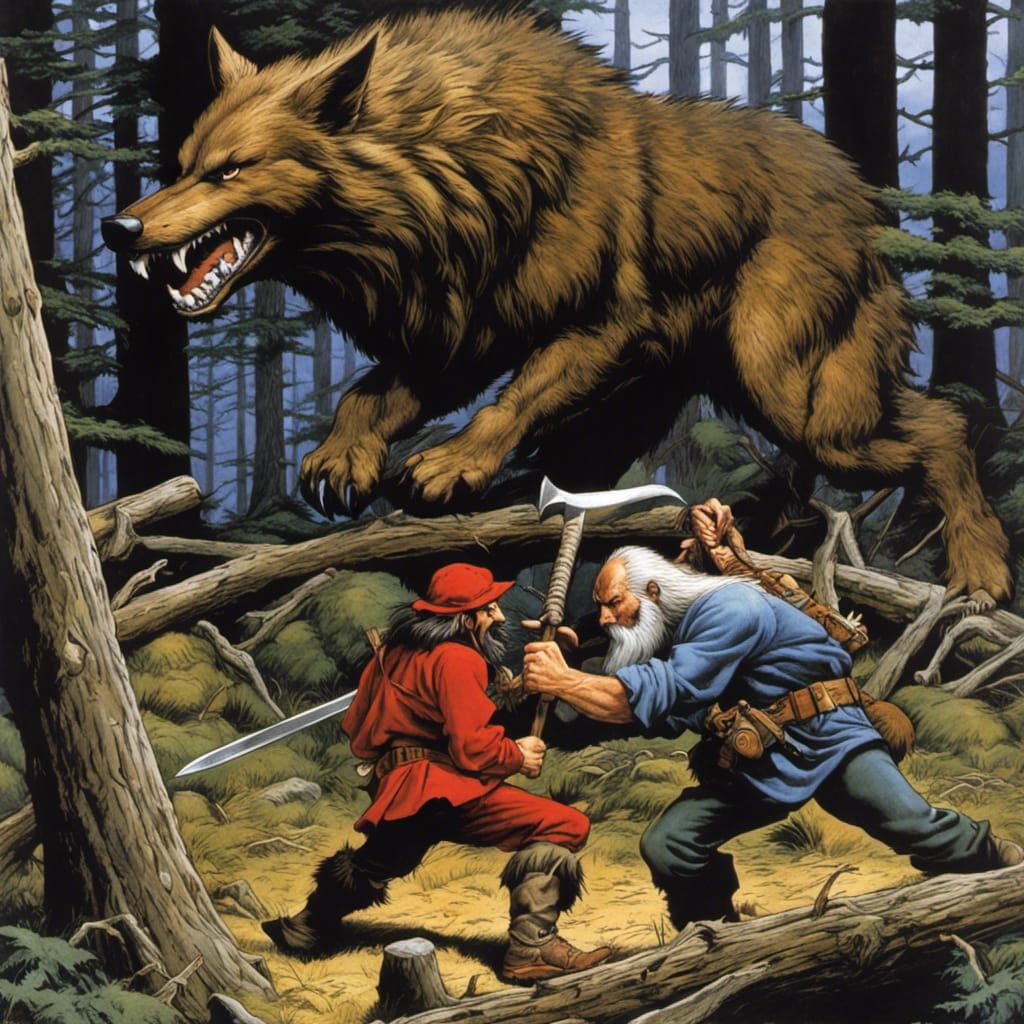 Lumberjack vs Wolf in Ghibli Fantasy Art