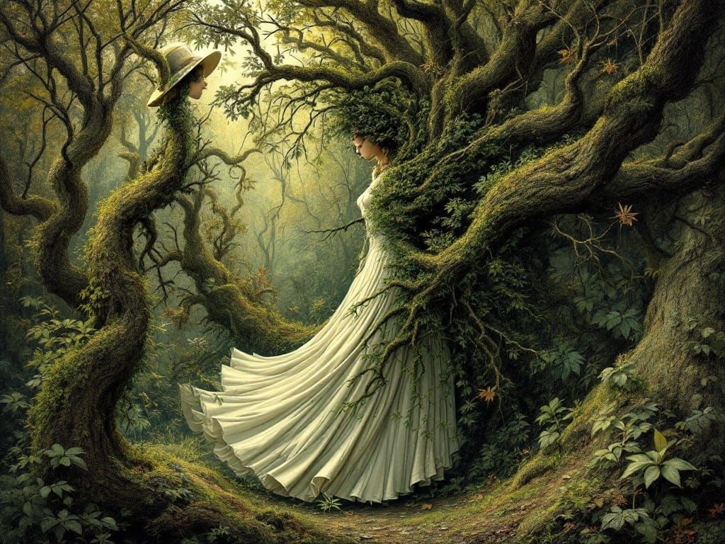 Surrealist Woman Disappears into Forest, Optical Illusion Ar...