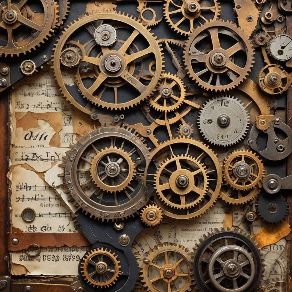 Steampunk Engine Collage with Antique Papers