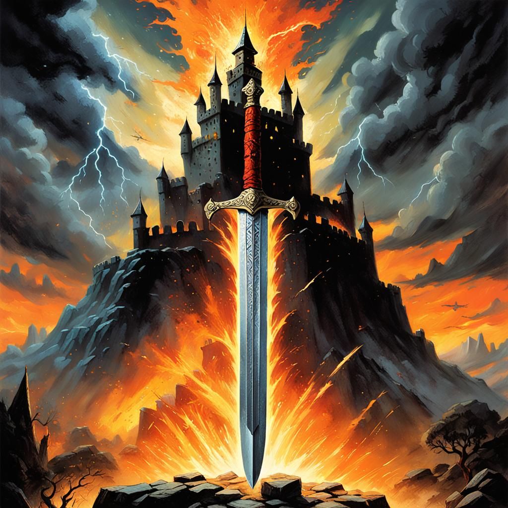 Dramatic Fantasy Sword Soars Through Stormy Night Sky