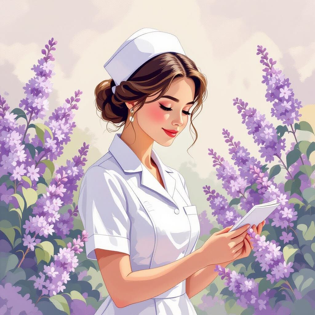 Nurse Surrounded by Lilacs in Whimsical Style