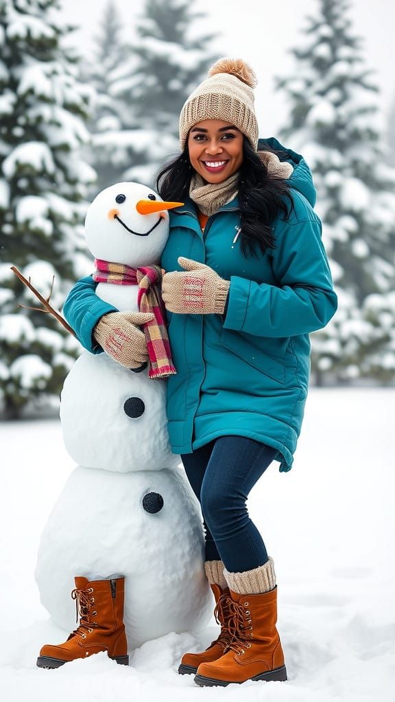 Tahitian Woman Stands Cheerfully Beside Snowman in Winter Wo...