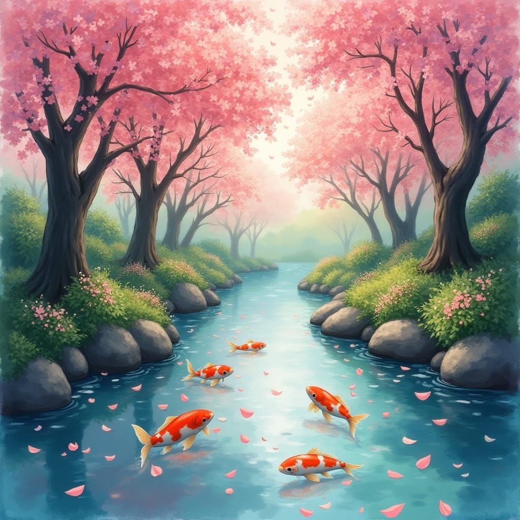 Koi Pond in Cherry Blossom Grove: Watercolor Painting