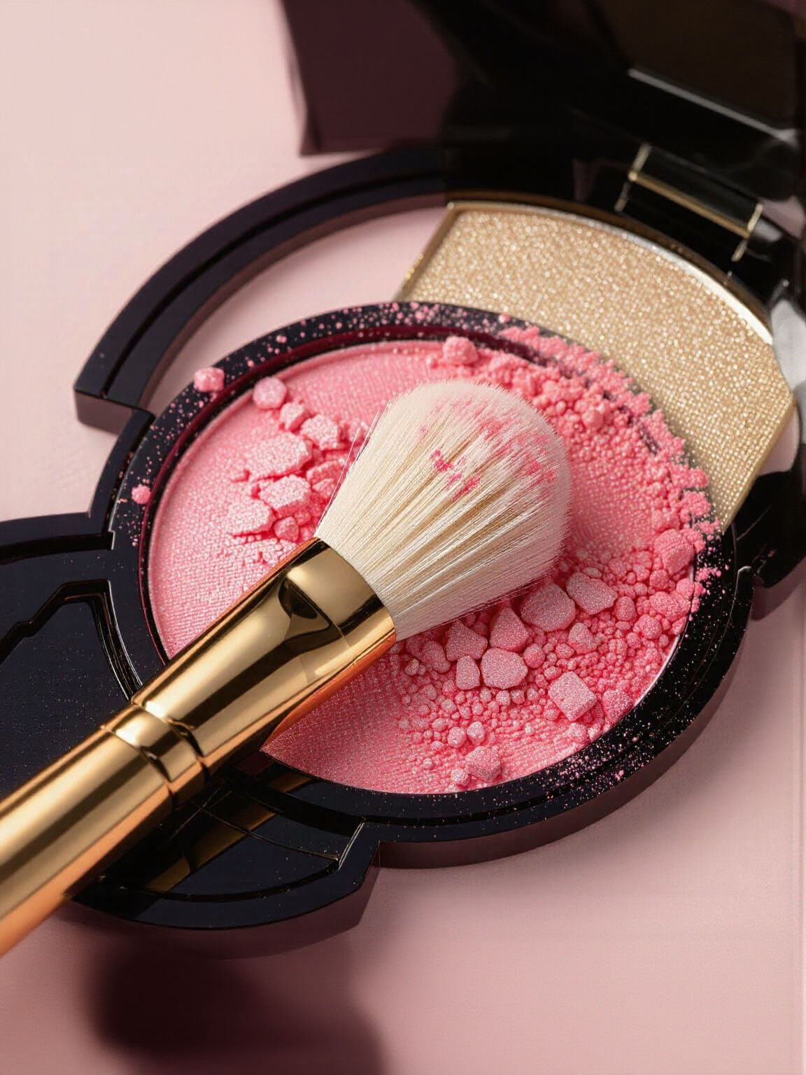Elegant Gold Makeup Brush with Pink Blush Powder