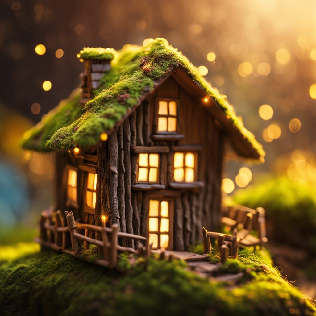 Cozy Miniature Twig House with Fireflies