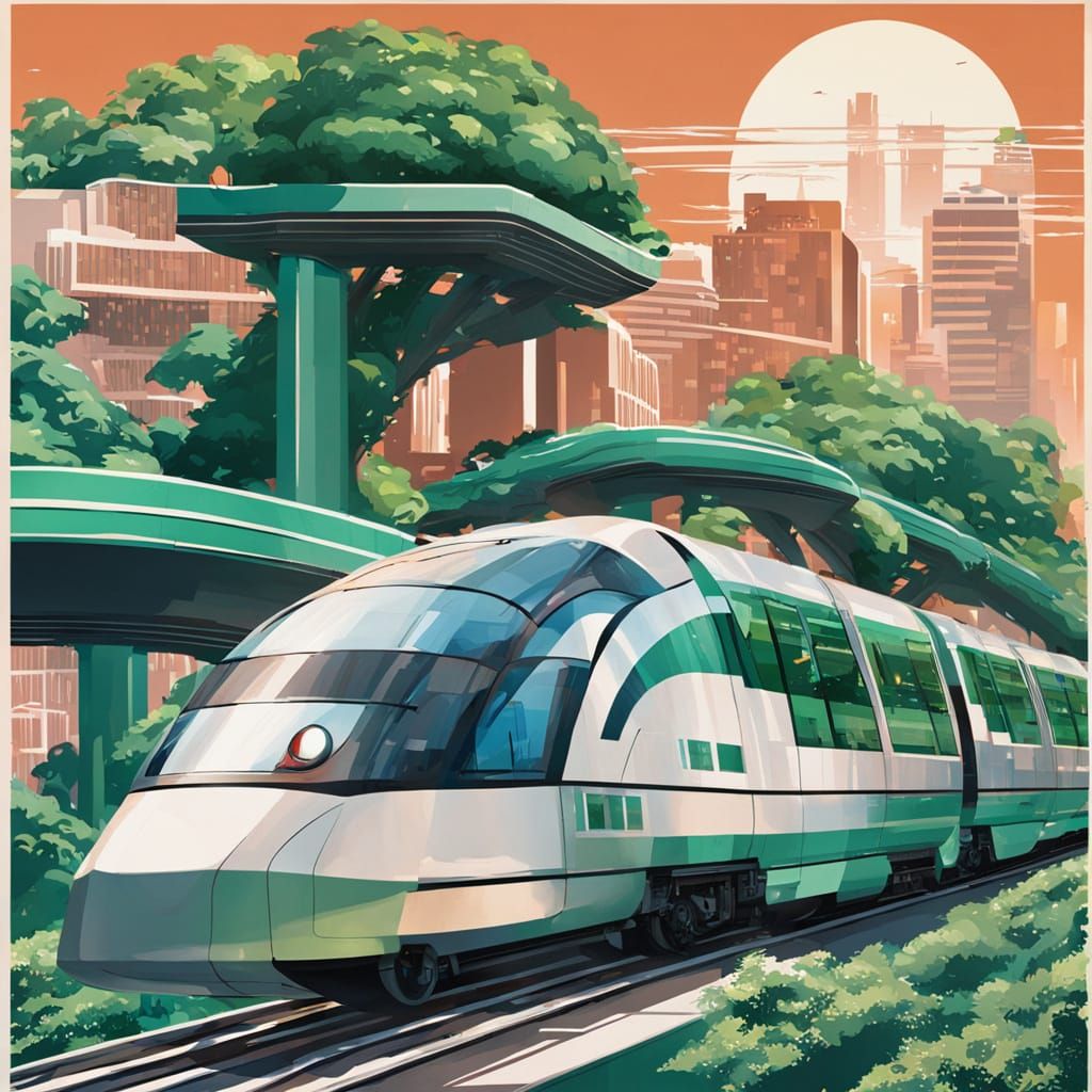 Futuristic Monorail City in Green Sunlight