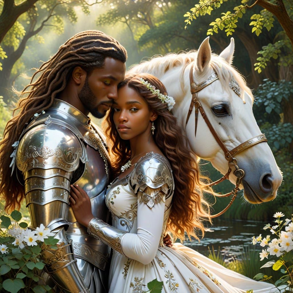 African Knight and Woman in Pre-Raphaelite Style