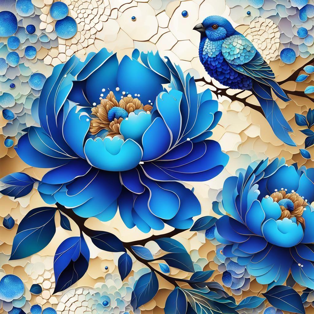 Blue Peonies with Birds in Mosaic Style