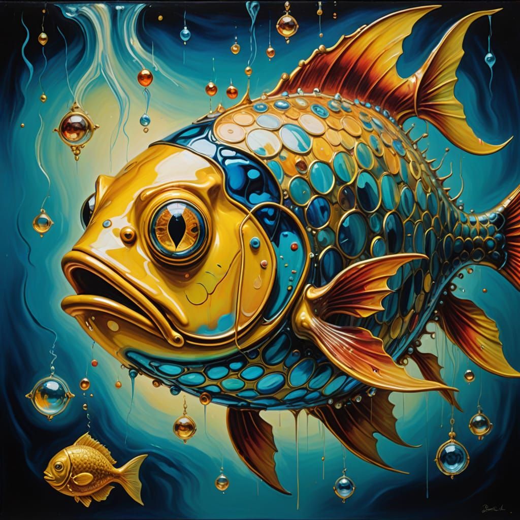 Surrealist Fish in Dreamlike Impasto Oil Painting