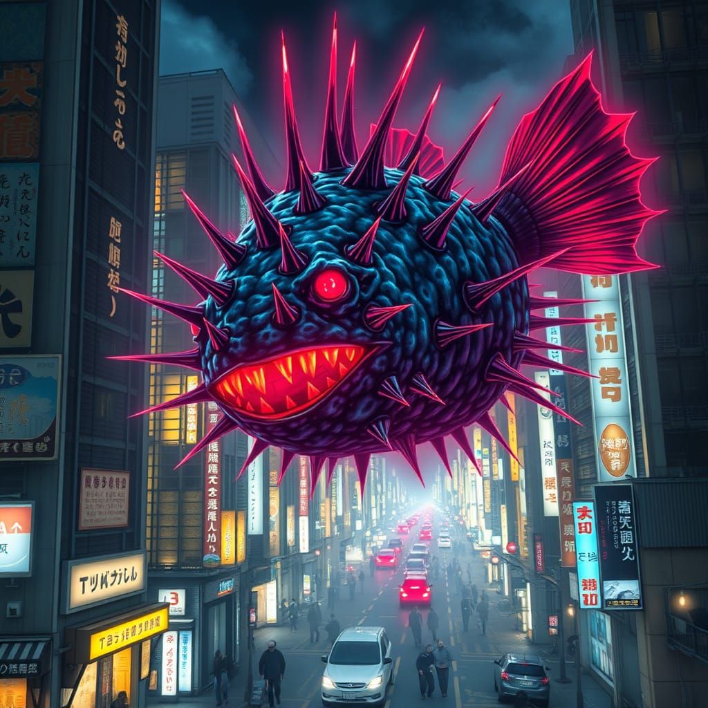 Ominous Pufferfish Shikigami Spirit Over Tokyo
