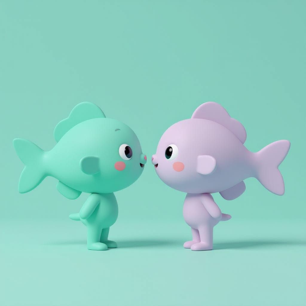 Cute Pisces Fish Duo in Minimalist 3D Style