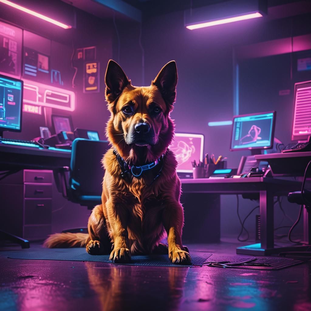 Neon Retro Dog Boss in Synthwave Style