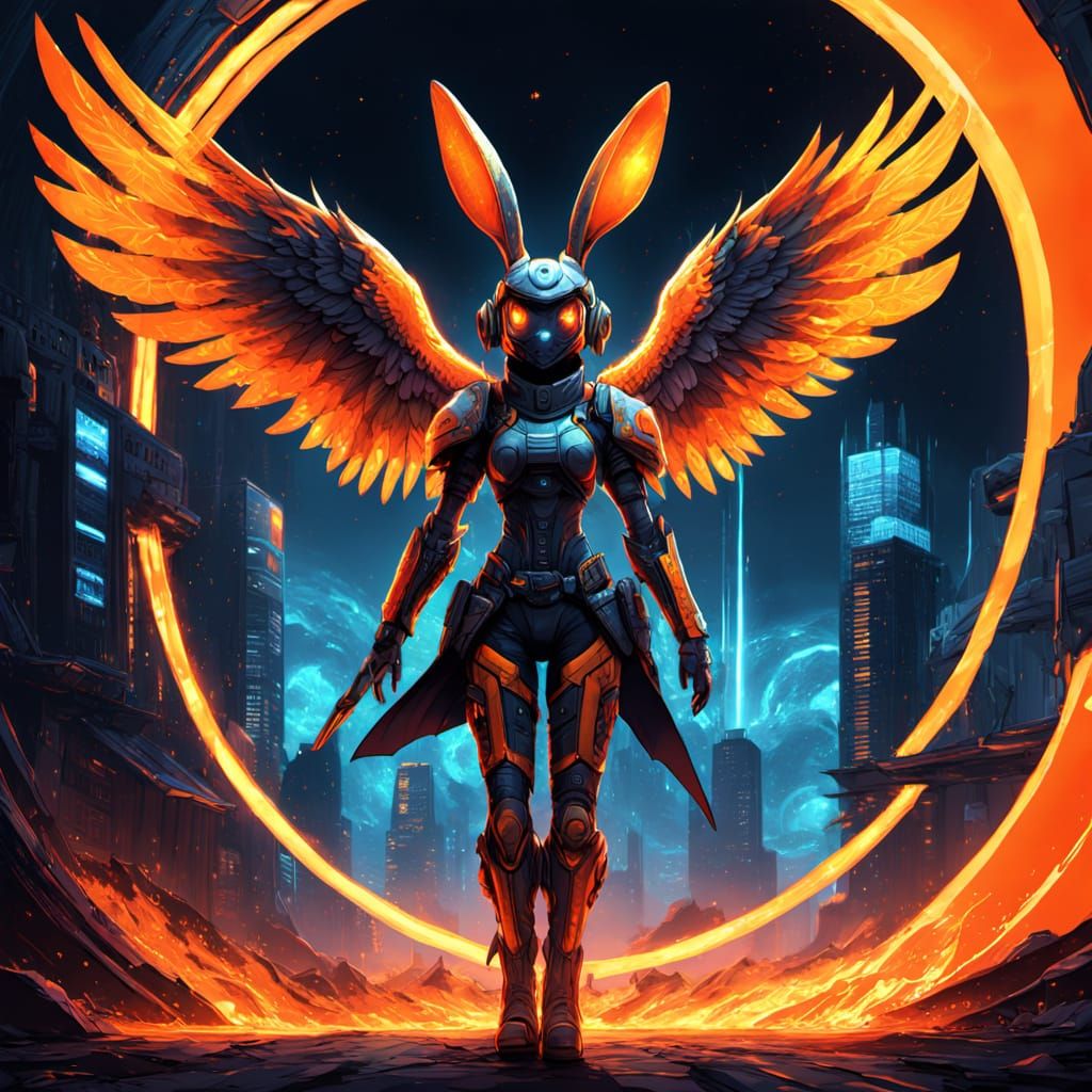 Cyberpunk Woman with Wings Dances in Fiery Sky Portal