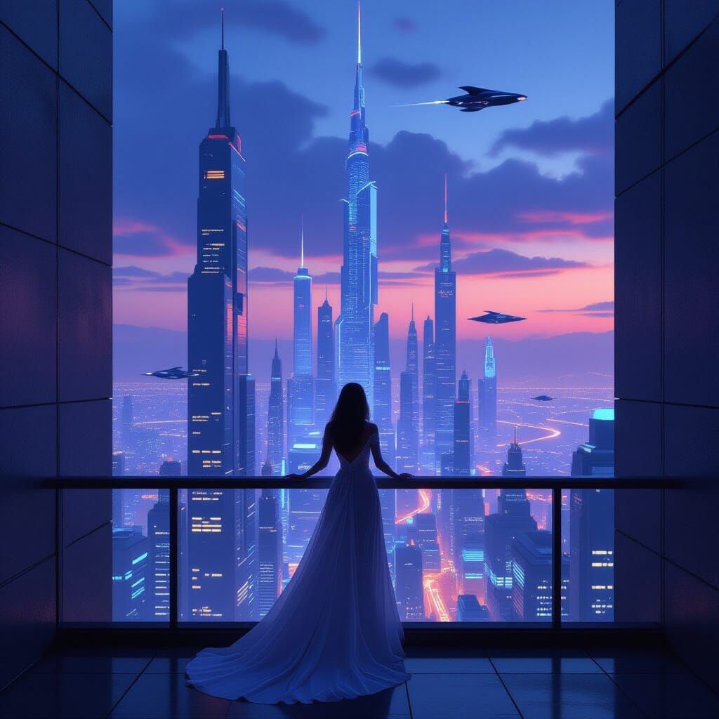 Woman on Balcony Overlooking Futuristic Cityscape at Twiligh...