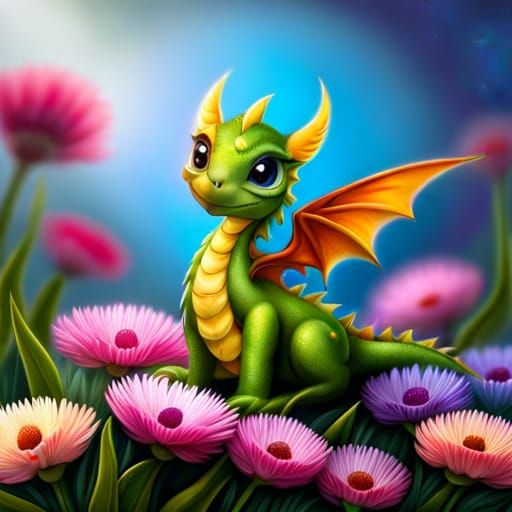 Cute Rainbow Dragon in Sparkling Field