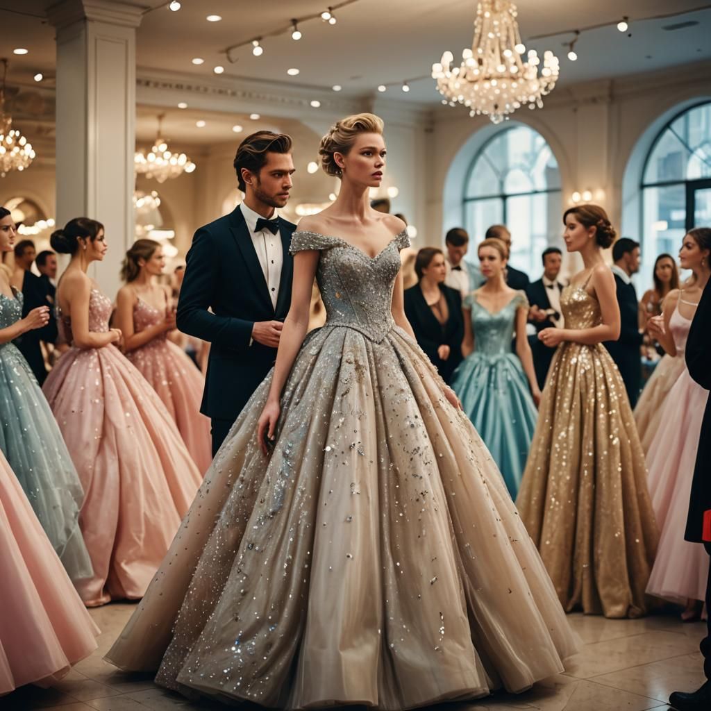 Cinematic High Fashion: Man in Ballgown on Display