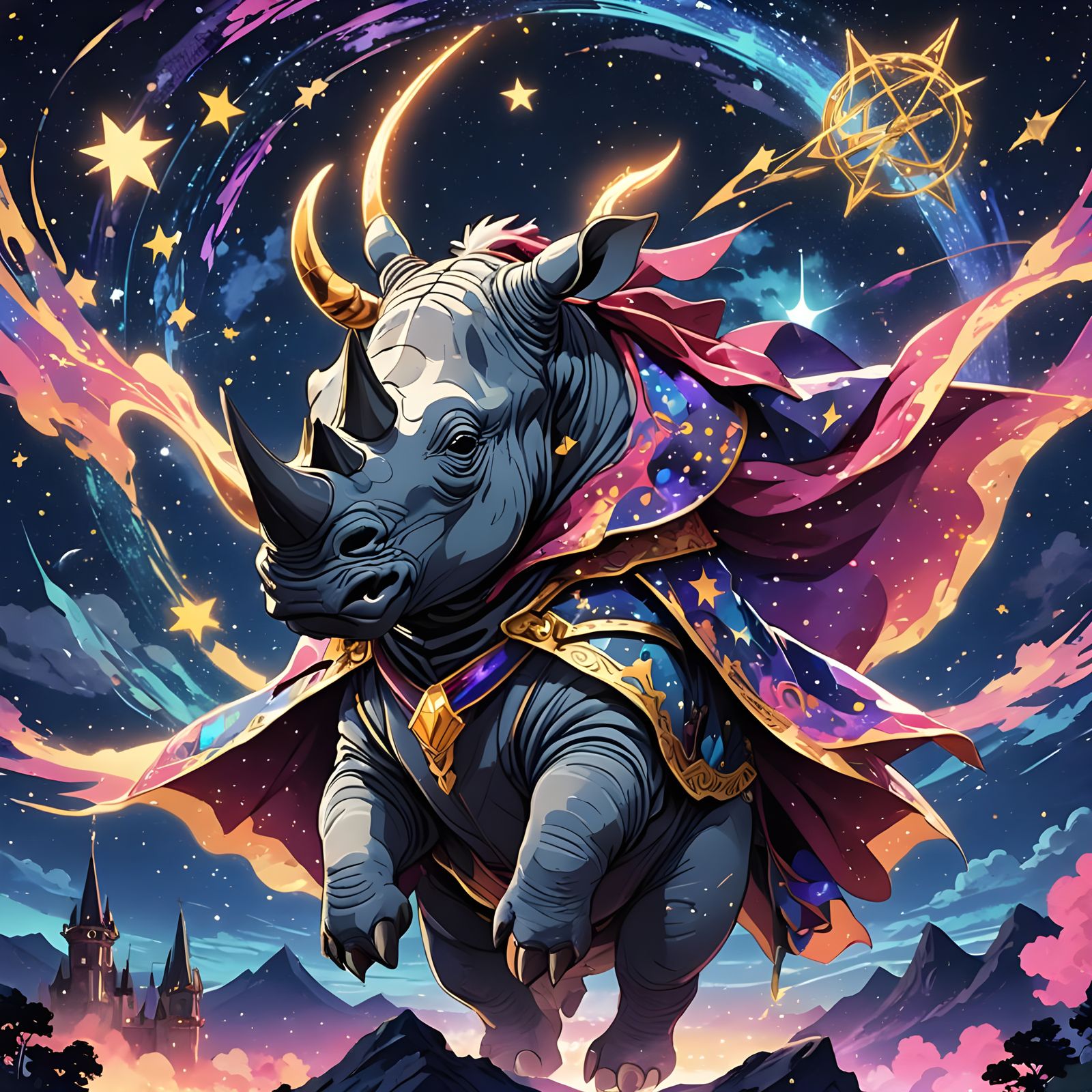 Flying Rhino Wizard in Anime Style