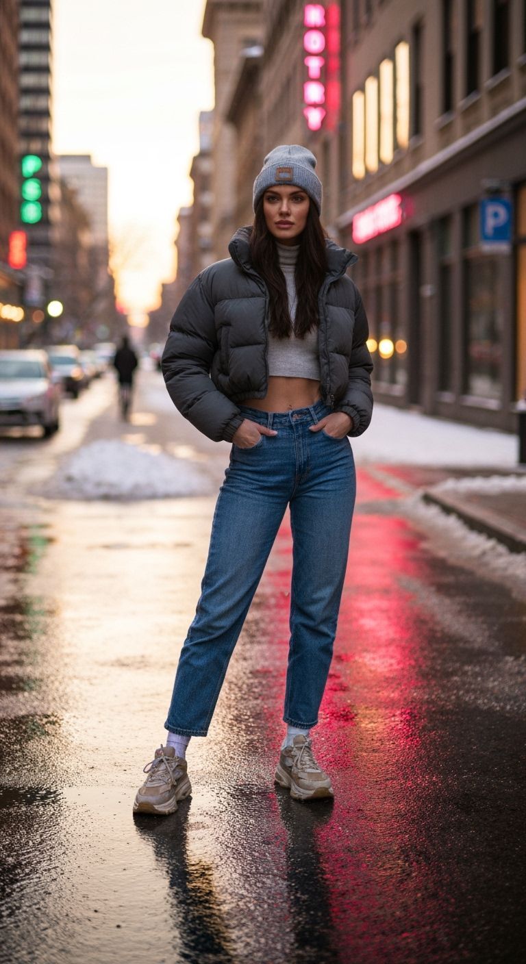 Woman in Puffer Jacket on Snowy City Street