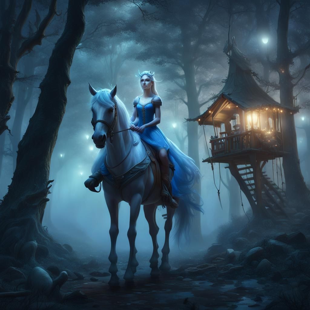 Elf Woman on White Horse in Foggy Forest