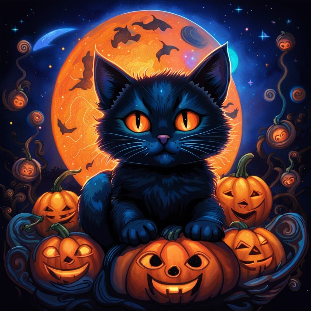 Black Kitten with Glowing Jack-o'-Lantern: Cosmic Illustrati...