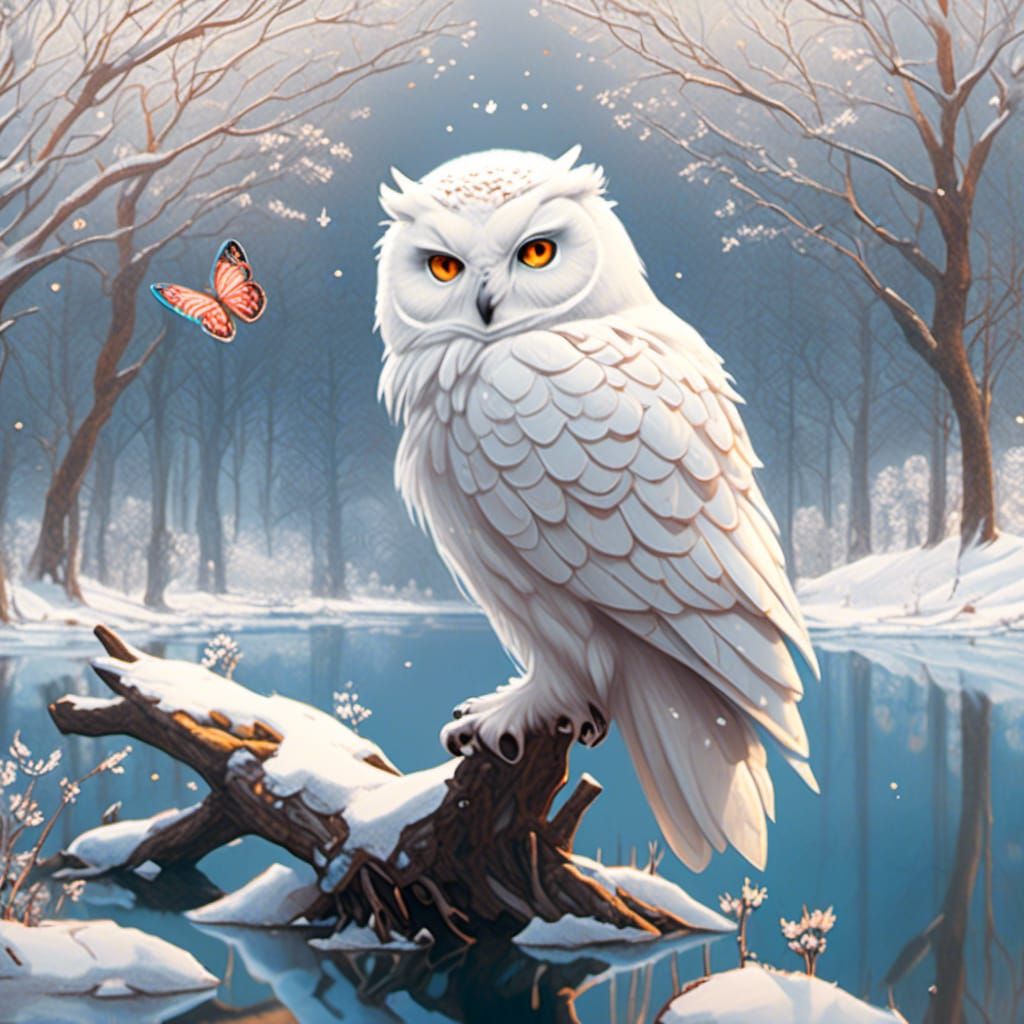 Owl with Butterfly in Snowy Winter Scene