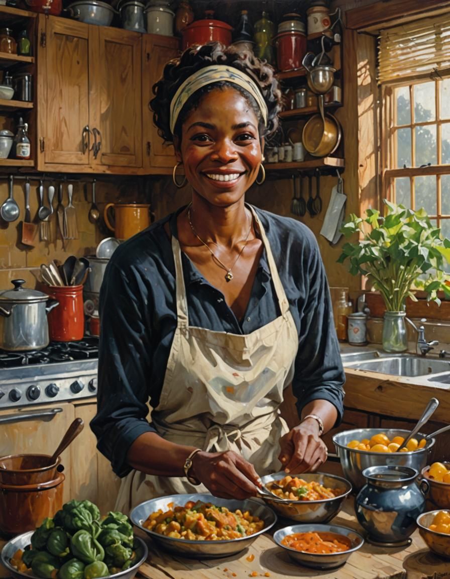 Cozy Kitchen Scene of Black Woman in Oil Painting Style