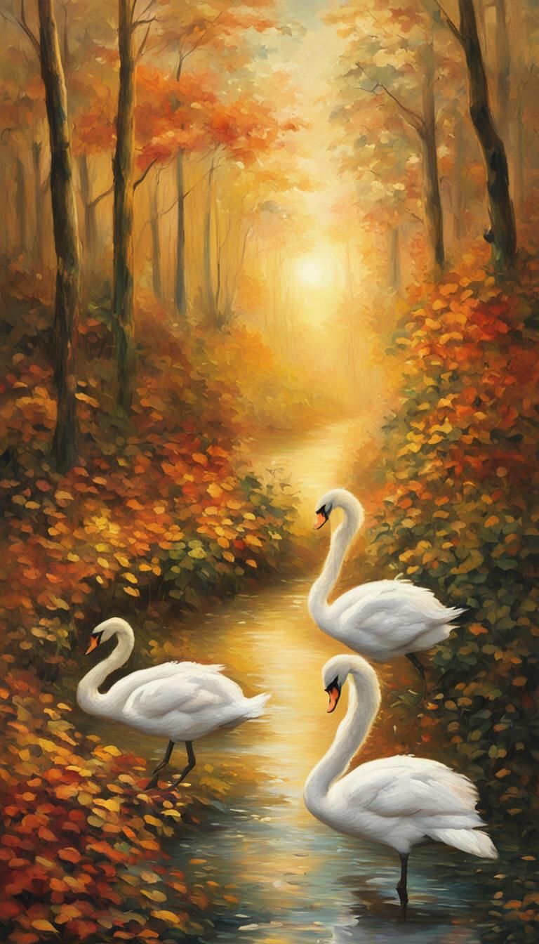 White Swans in Autumnal Amazon Forest: Impressionist Paintin...