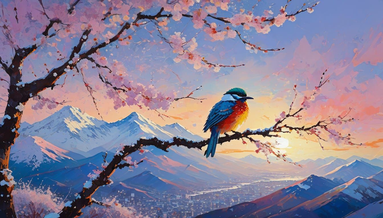 Fluffy Bird on Cherry Blossoms at Sunset