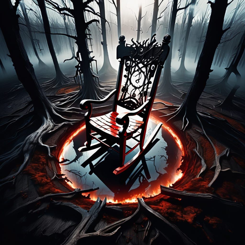 Surreal Horror: Rusted Rocking Chair in Decaying Forest