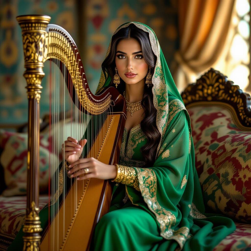 Assyrian Princess Plays Harp in Palace