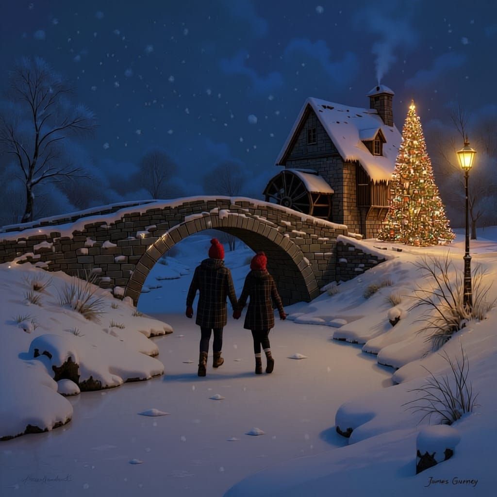 Fantasy Frozen River Scene Under Snowy Stone Bridge