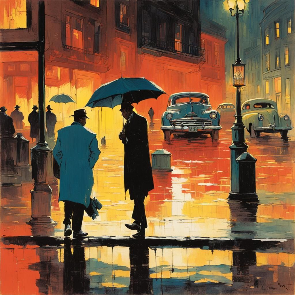 Rainy Night Street Scene in 1950s Illustration Style