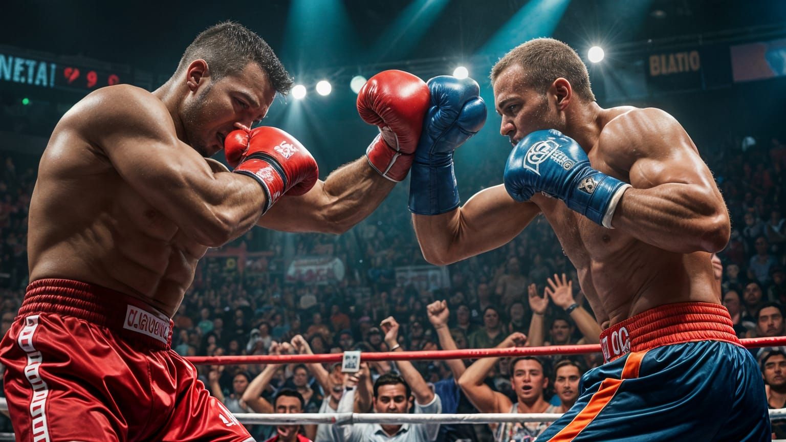 Muscular Boxers Engage in Intense Boxing Match in a Bustling...