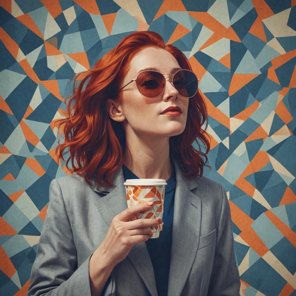 Elegant Woman with Coffee in Geometric Cubist Style