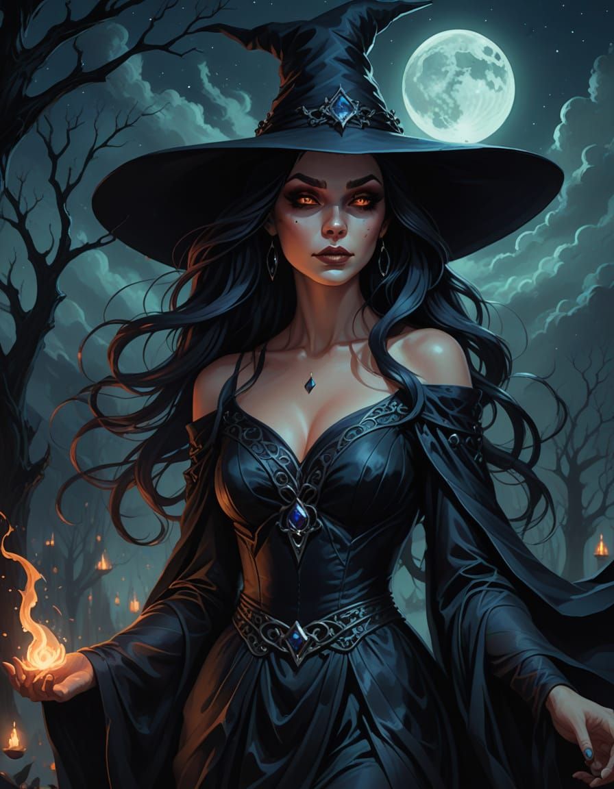 Ethereal Witch in Flowing Gown Under Midnight Sky