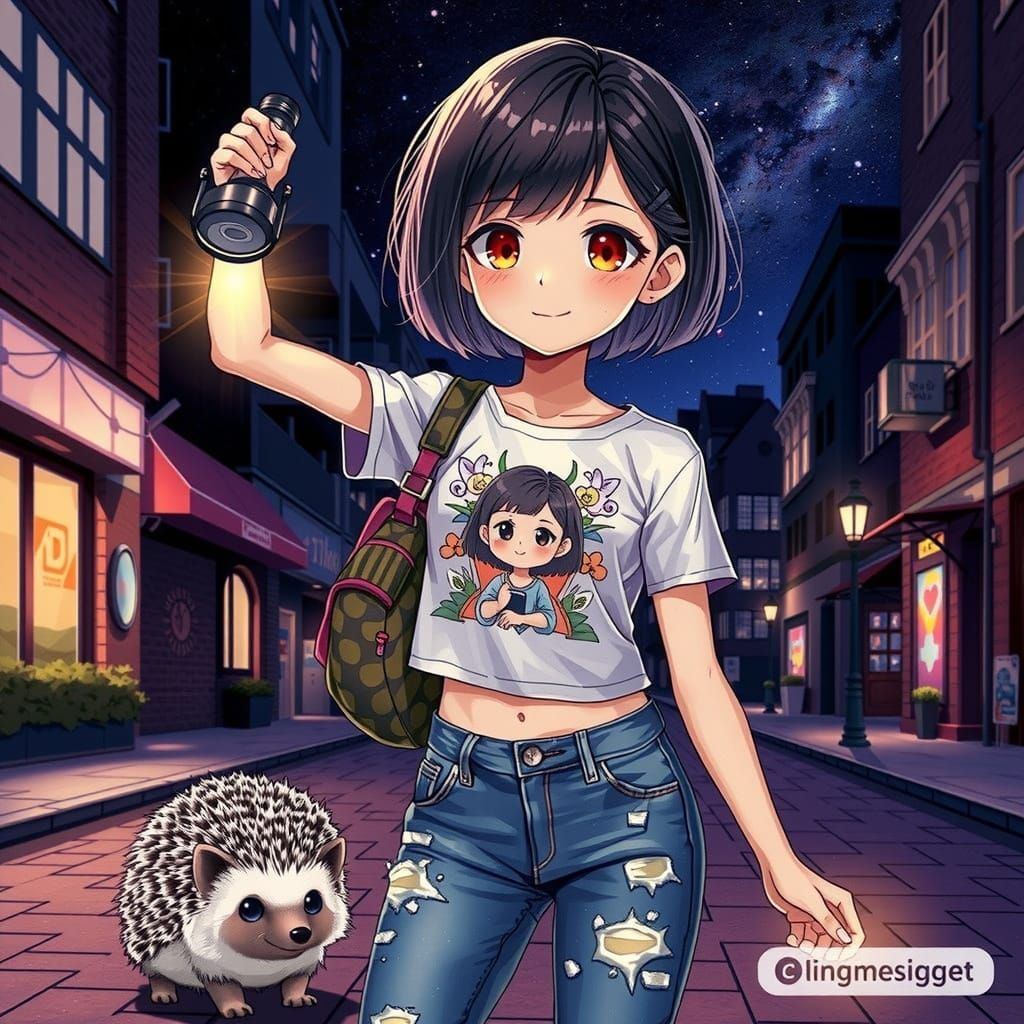 Anime Girl and Hedgehog Under Starry Sky
