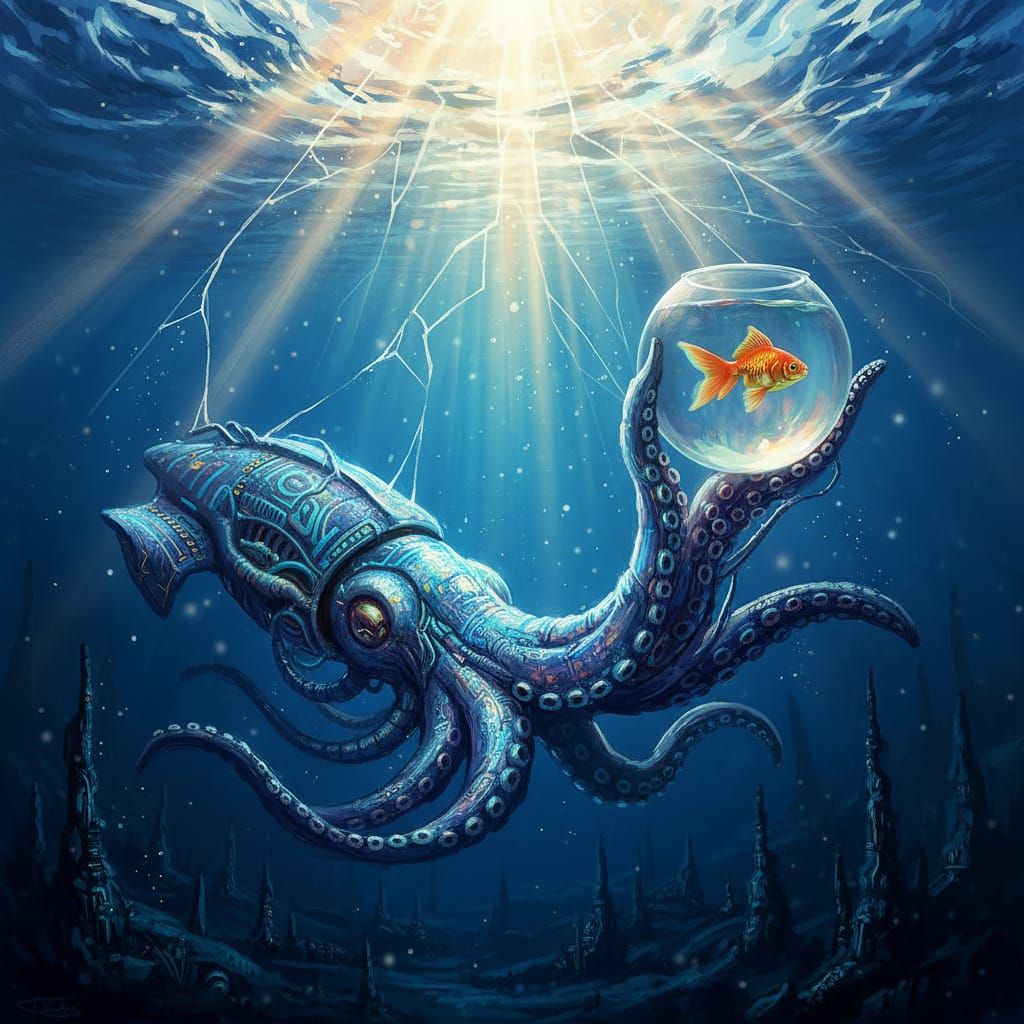 Colossal Giant Squid Holds Goldfish Bowl in Surreal Deep Sea