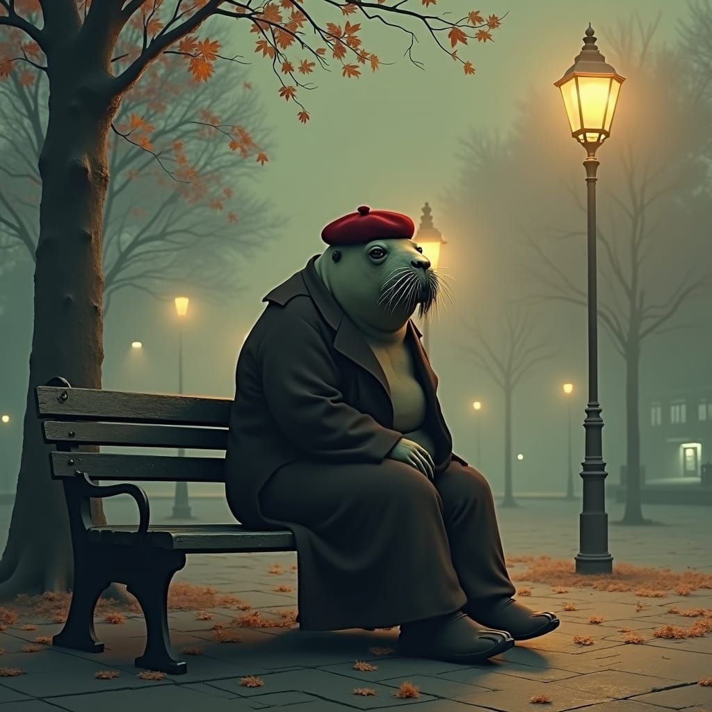 Walrus in Beret: Melancholic Film Noir Cityscape