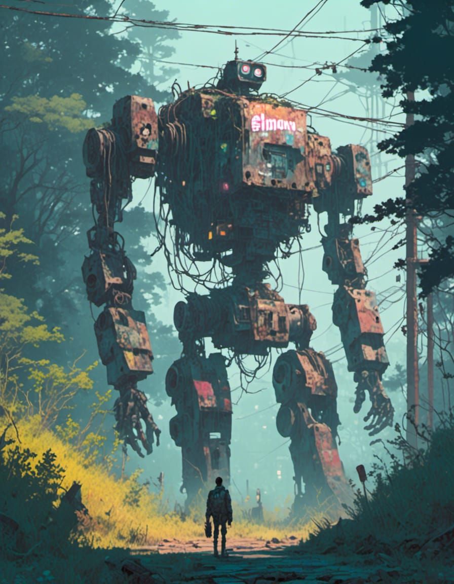 Cyberpunk Robot Sentinel in Overgrown Wasteland