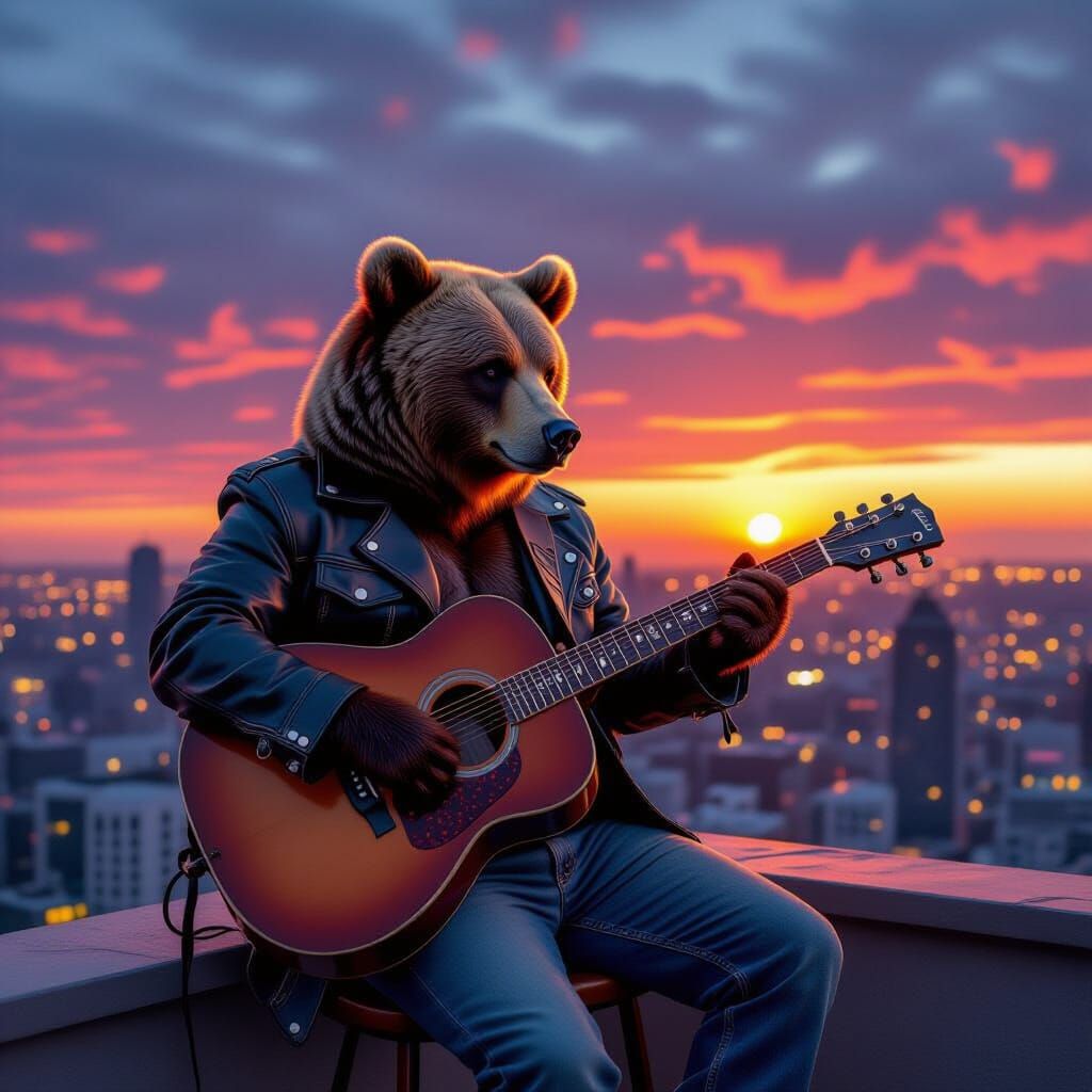 Grizzly Bear Plays Guitar on Rooftop, Hyperrealistic Style