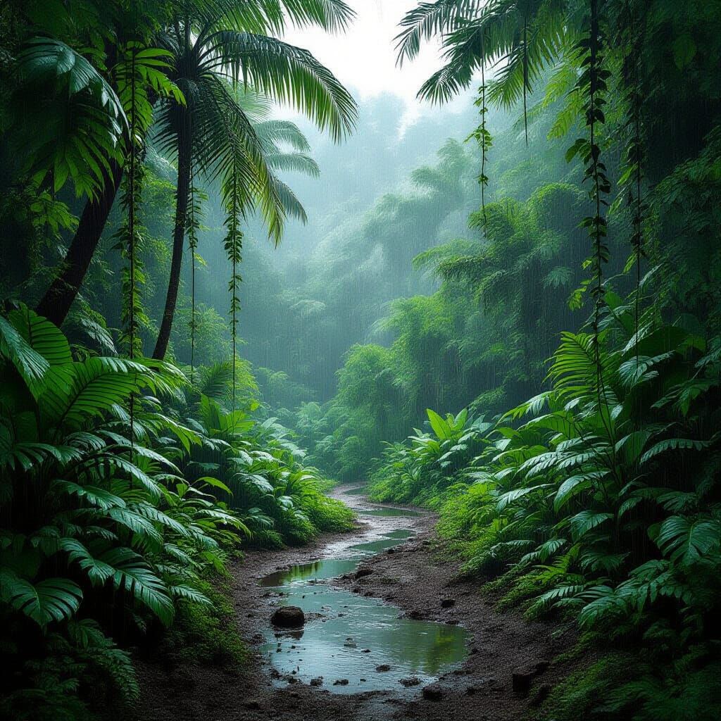Hyper-Realistic Jungle Scene During Heavy Rainstorm