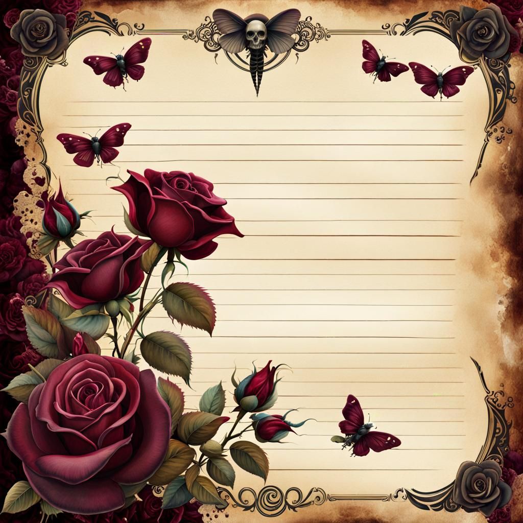 Gothic Notebook Page with Roses and Skulls