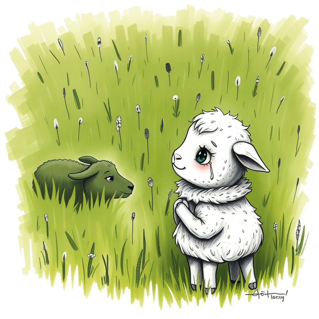 Nervous Lamb Meeting Another: Detailed Charcoal Drawing