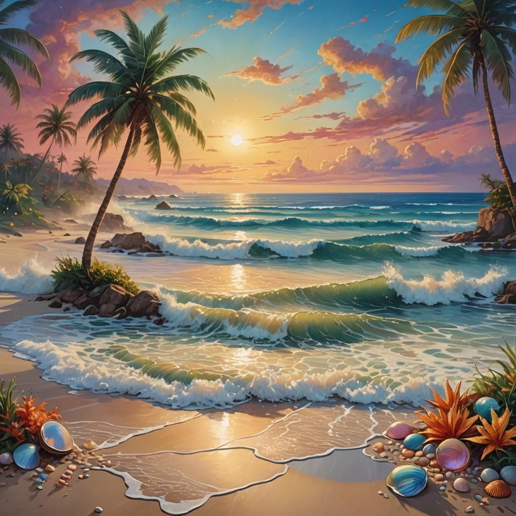 Ethereal Beach Scene at Dawn: Vibrant Oil Painting
