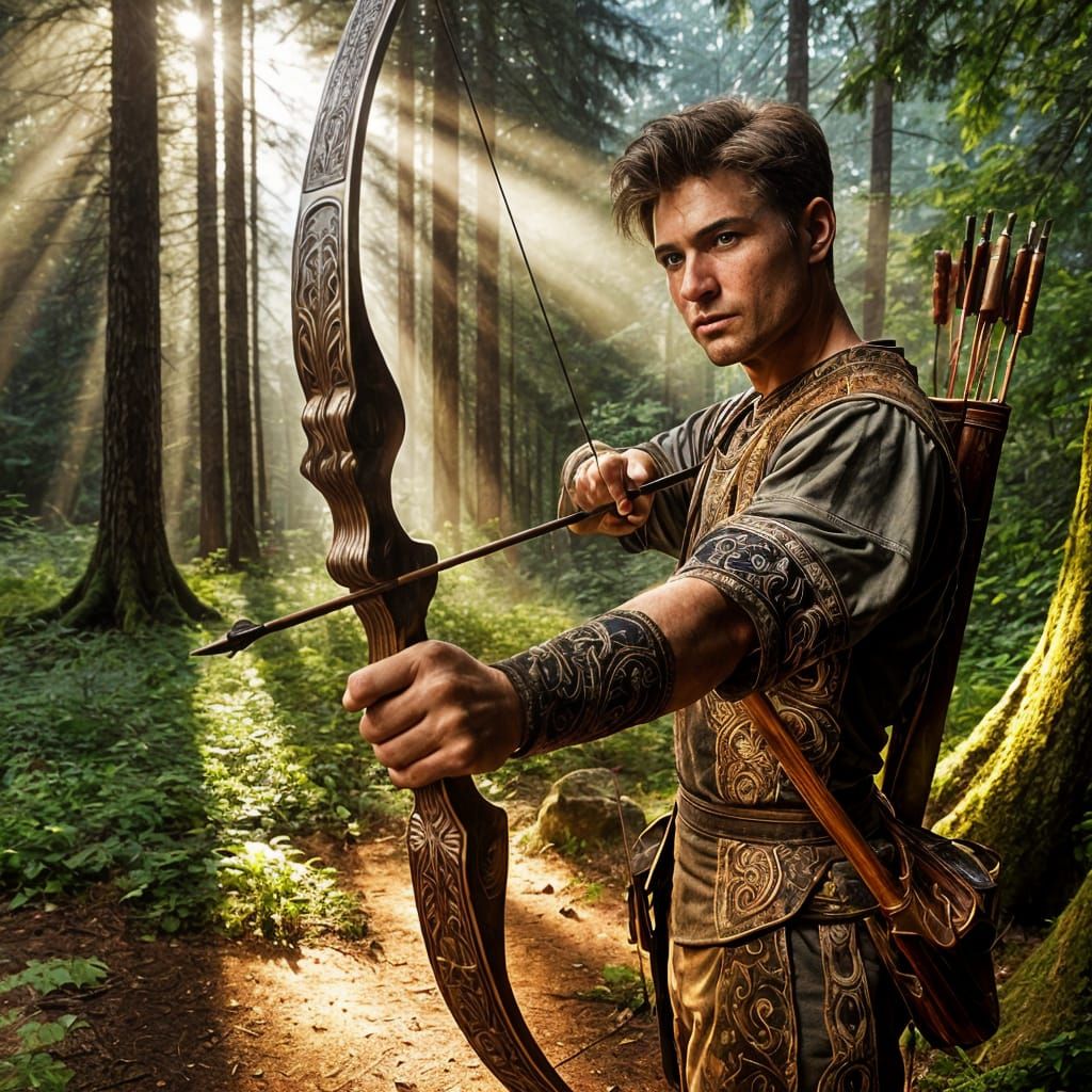 Young archer in a forest clearing